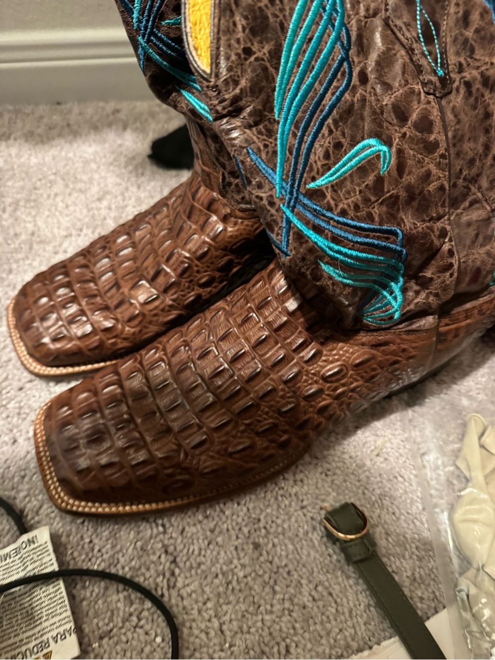 Men's Brown Croc-Embossed Western Boots with Turquoise Stitching